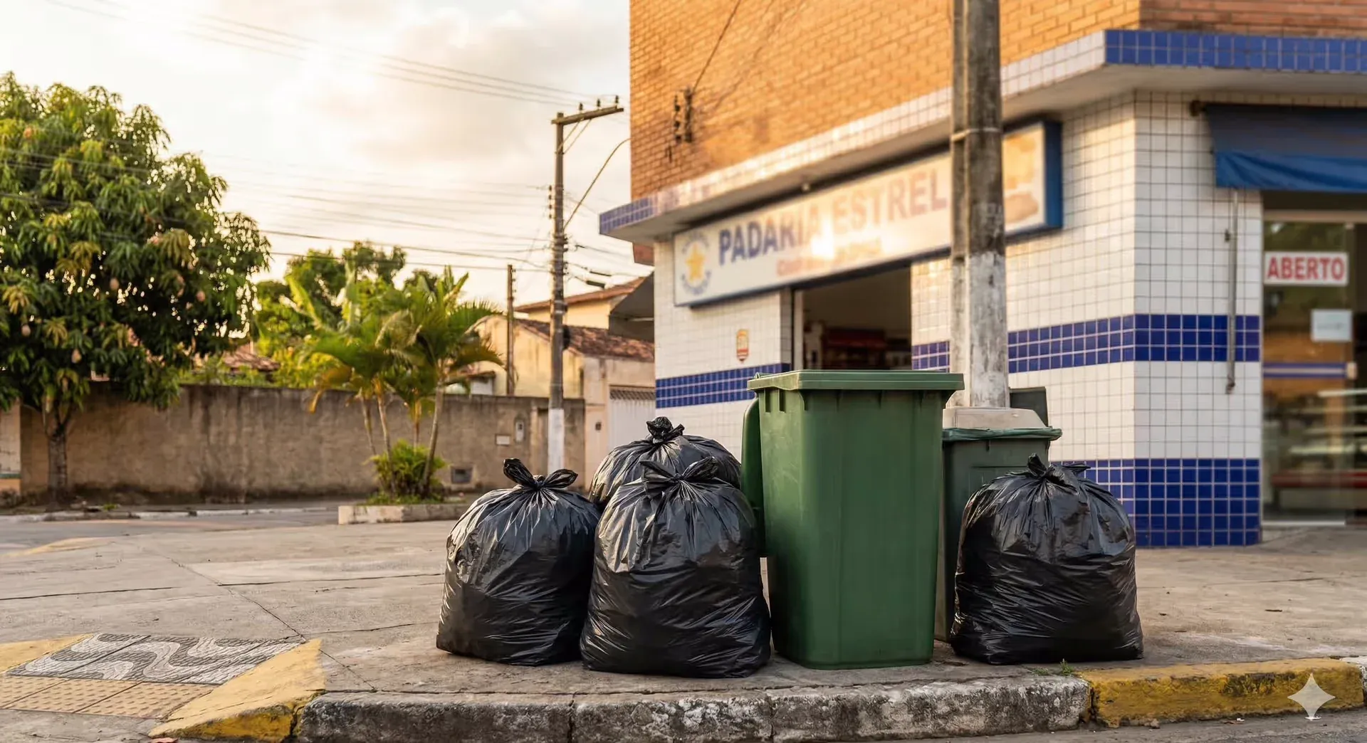 Sacos de lixo reforçados em uso na frente de comércio no ABC Paulista